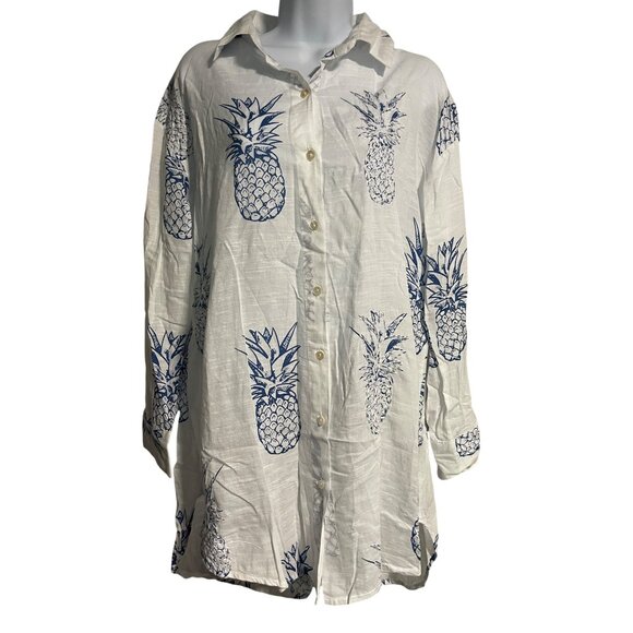 Blue Island Beach Coverup Shirt Womens XS Pineapple Print Button Up Tunic - Picture 1 of 7